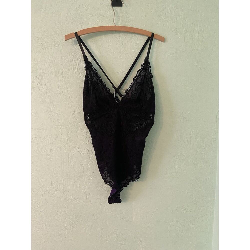 Avidlove Women's Lingerie Lace Mesh See Through Bodysuit Black With Purple Small